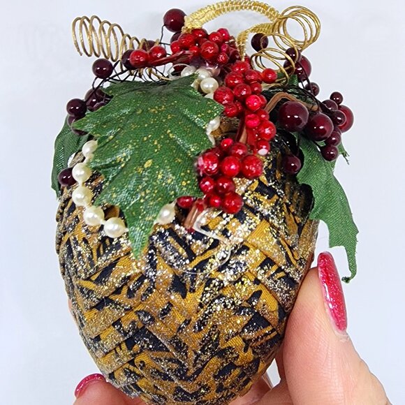 VTG Handmade Folded Cloth Black Gold Holly Glitter Christmas Holiday Ornament - Picture 2 of 12